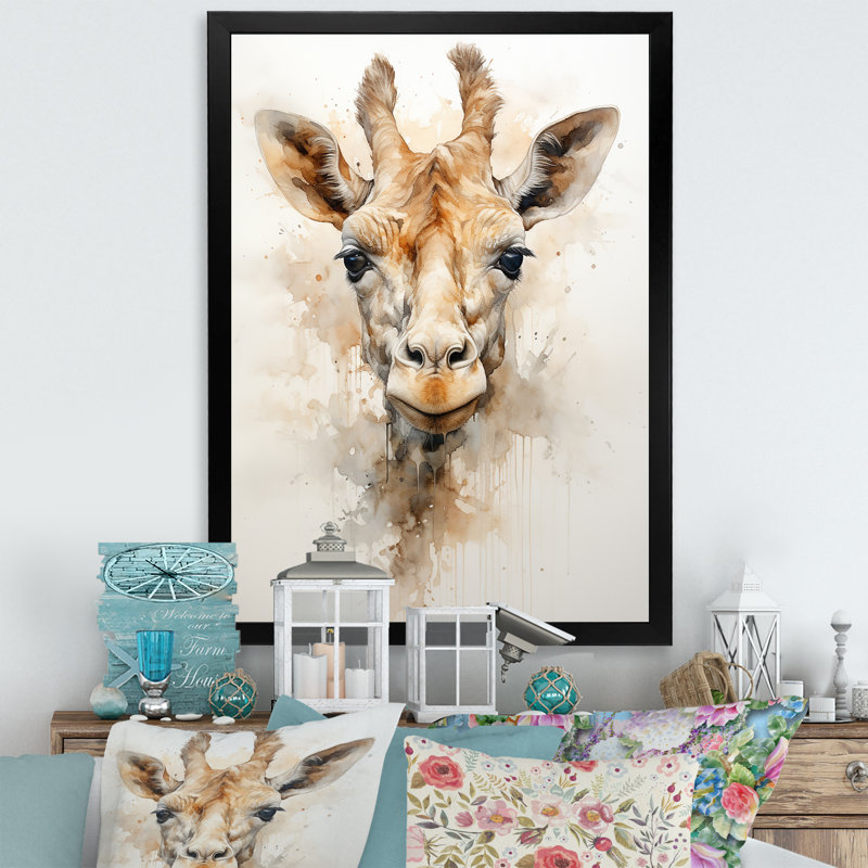 «Minimalisme», girafe beige sur toile, H 32 po x l 16 po x P 1 po, Cadre simple noir