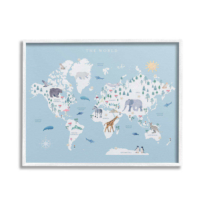 Carte du monde des animaux, art giclée sur toile par Leah Straatsma, Giclée encadrée blanc bord de mer, H 24 po x l 30 po