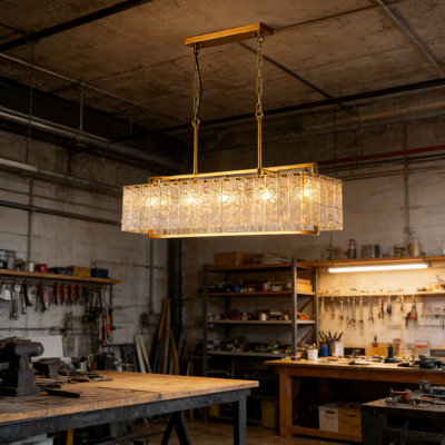 Modern Rectangular Crystal Chandelier With Water Ripple Glass, 5-Light Gold Pendant Light Fixture For Dining Room, Living Room, Or Kitchen Island