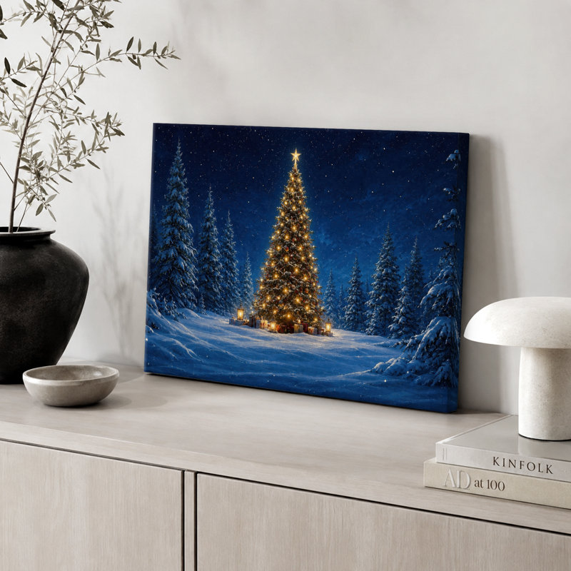 «Christmas Tree Snowy Forest Night», art du salon, impression sur toile encadrée, H 32 po x l 48 po x P 1,5 po, Toile tendue