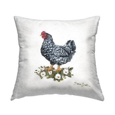 Speckled Hen & Flowers Outdoor Printed Pillow by Sara Baker