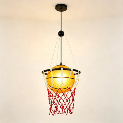 Basketball Pendant Light, Sports-Themed Hanging Light with Red Net, Black Finish, E26 Bulb Not Included