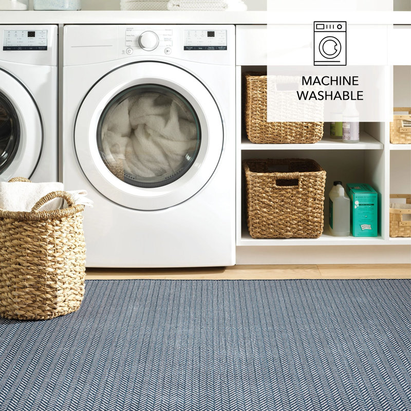 Herringbone Navy Machine Printed Washable Rug, Rectangle 7'6" x 9'6"