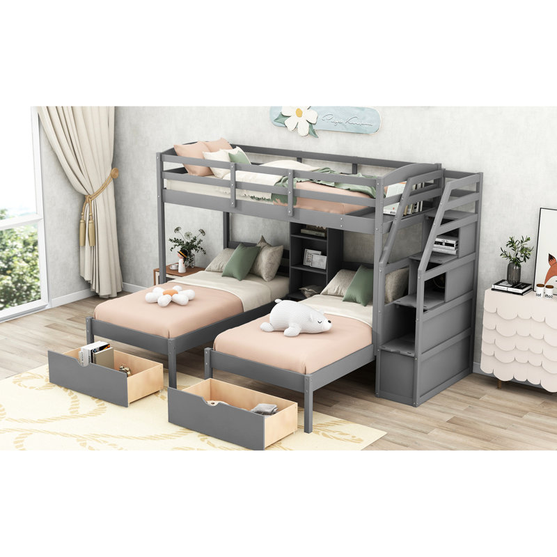 Lit superposé triple gris avec options d'économie d'espace - Maximisez l'espace de votre chambre à coucher avec tiroirs simples et escalier