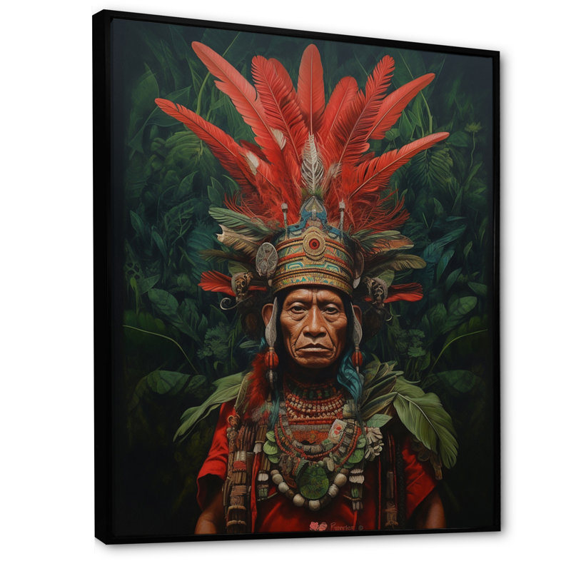 Indigène chaman Amazon Feather Coiffe I sur impression sur toile, H 40 po x l 30 po x P 1,5 po, Cadre flottant noir