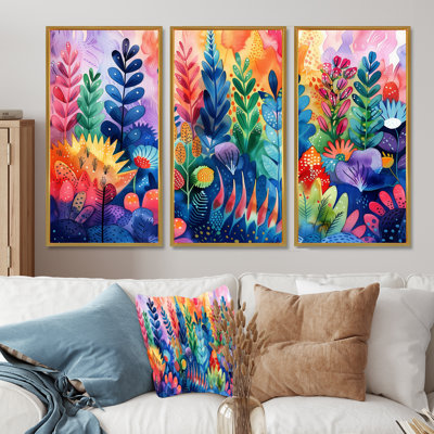 Ensemble de salon art mural bleu avec feuilles tropicales Paradise I - palmiers et palmiers