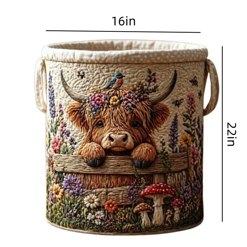 Cow Floral Printed Fabric Storage Basket Quilted Embroidery-Style Organizer With Handles, M