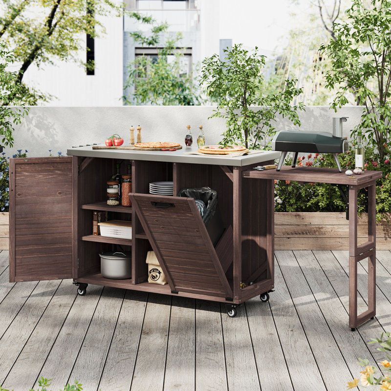 Oversized 78.3" Extendable Outdoor Kitchen Island, Solid Rolling Bar Cart with Stainless Steel Top & Trash Storage for Lawn Garden BBQ