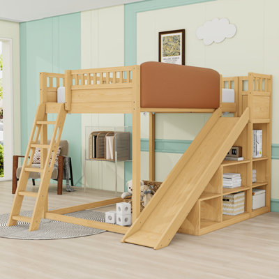 Wood Loft Bed With Slide, Storage Shelves And Ladders