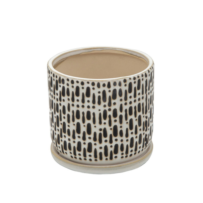 Ensemble de 2 pots à fleurs beige en céramique Homade avec soucoupes et pois, H 5,5 po x l 6,1 po x P 6,1 po