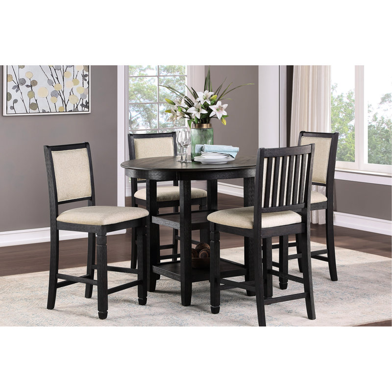 Chaises à hauteur de comptoir en bois noir, 2 pièces avec chaises de salle à manger rembourrées en tissu texturé beige, structure et siège en bois