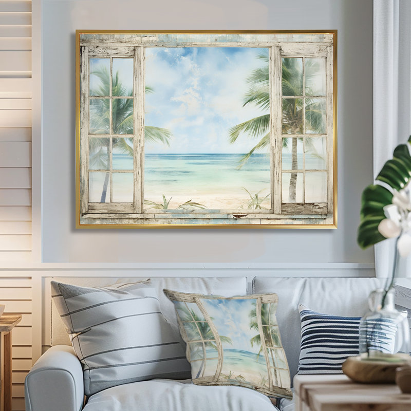 Décoration tropicale fenêtre tropicale horizon II - fenêtres côtières, Cadre flottant doré, H 24 po x l 32 po x P 1 po