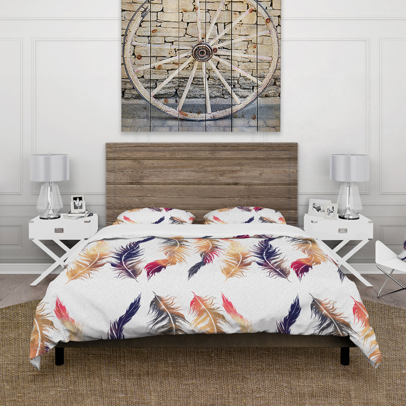 Swirling Feather Dance - Ensemble de housse de couette bohémien - Microfibre de polyester, Blanc