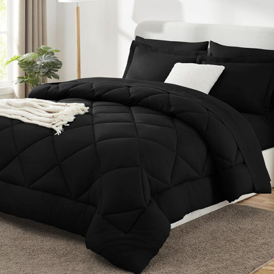 Ensemble d'édredon pour grand lit noir - lit dans un sac grand format 7 pièces, ensemble de lit moelleux de luxe pour toutes les saisons, ensemble de literie avec édredon en duvet synthétique, draps, taies d'oreiller et taies décoratives