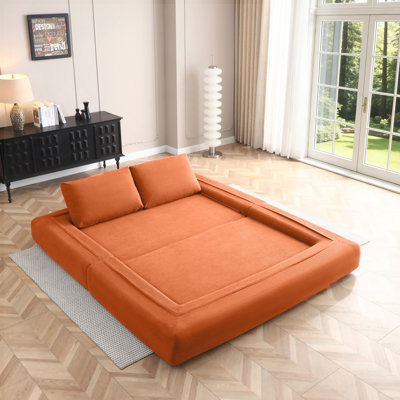 Convertible Sofa Bed, 3 in 1 Folding Floor Couch Corduroy Fold Out Couch Bed Futon Sleeper Mattress with Pillows, Boneless Sofa Comfy Lounge Loveseat for Living Room and Bedroom, Orange, 81 Inch