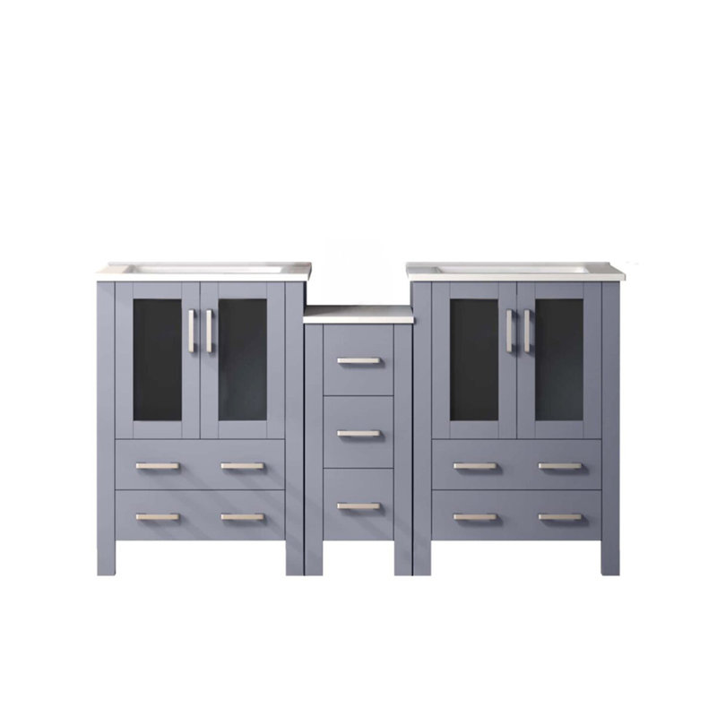 Meuble-lavabo double gris foncé 60 po X P 18,25 po D, avec armoire latérale et plateau en céramique blanche, Gris foncé
