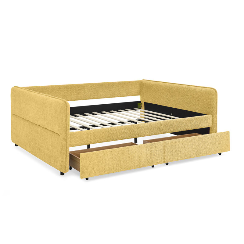 Grand lit de jour avec canapé-lit capitonné à deux tiroirs, tissu Boucle (88 po x 65,5 po x 29,5 po)