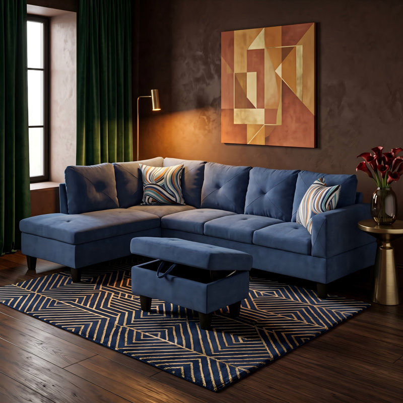 Canapé modulaire rembourré réversible avec repose-pieds, Blue Linen, Left Hand Facing