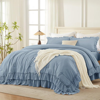 Andency Grayish Blue Twin Size Comforter Set, 2 Pieces Boho Lightweight Fluffy Ruffle Bedding Set & Collections, All Season Soft Microfiber Farmhouse Bed Set for Kids