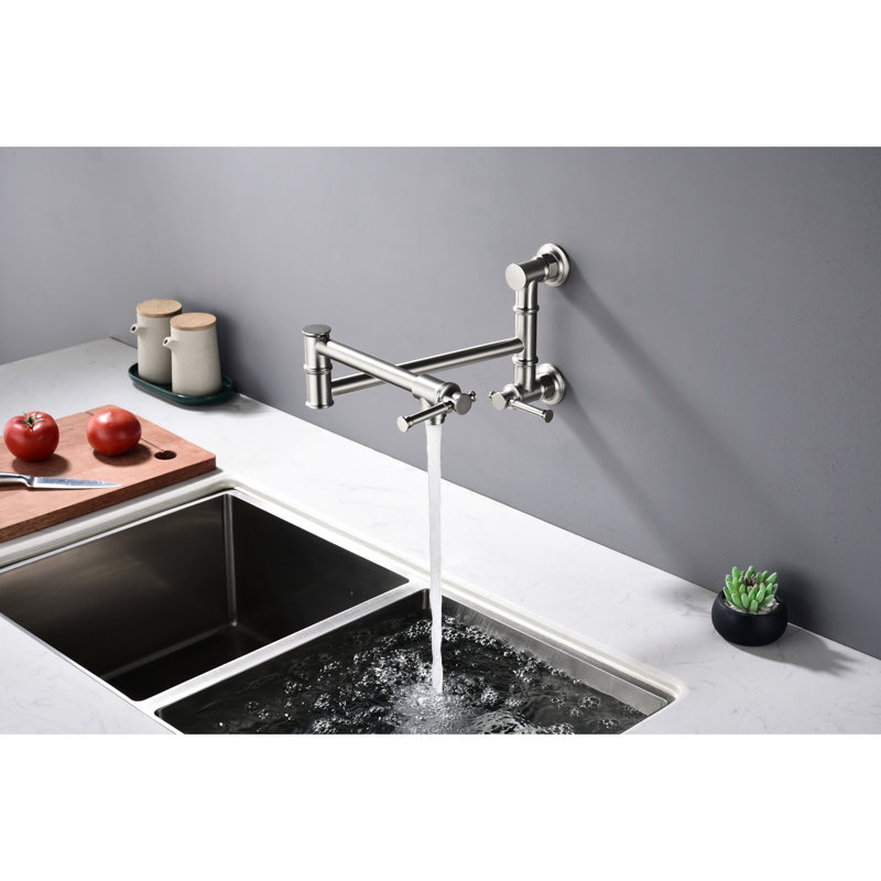Pot Filler Faucet Wall Mounted - Brass, Modern Look, Two-Attachment, Foldable Swing Arm, Brushed Nickel, No Corrosion, Serene Water Supply Brass Mount, Folding Corrosion Proof, Gentle Stream