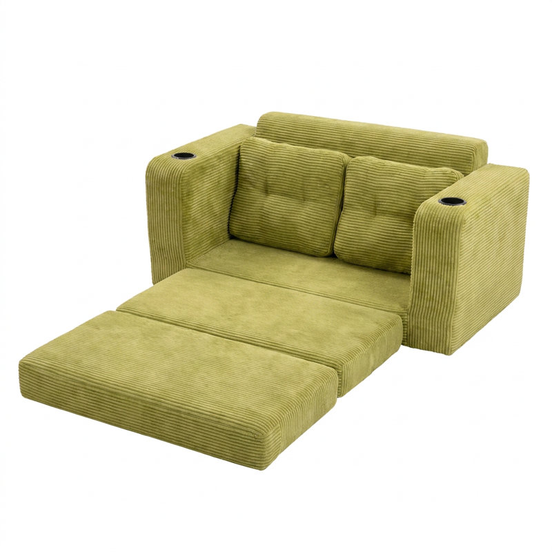 Canapé-lit convertible 2-en-1 Retro avec porte-gobelets et rangement, canapé de plancher extensible, Olive