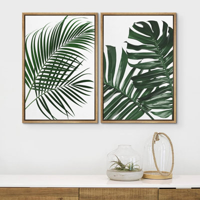 «Green Tropical Monstera Palm Tree Leaves Minimalist Artwork», reproduction d'art sur toile 2 pièces