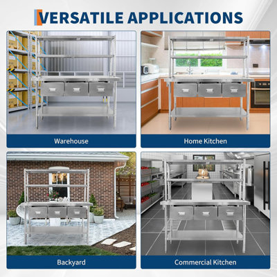 60"x24" Stainless Steel Table with Shelves & Drawers, 2-Tier Overshelves, Commercial Workbench for Home Restaurant Garage