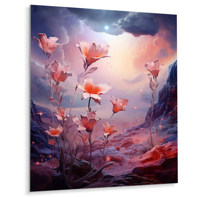 Éphémère, fleur rose, paysage de montagne - paysage abstrait, art mural, salon, Sans cadre, métal, H 32 po x l 24 po