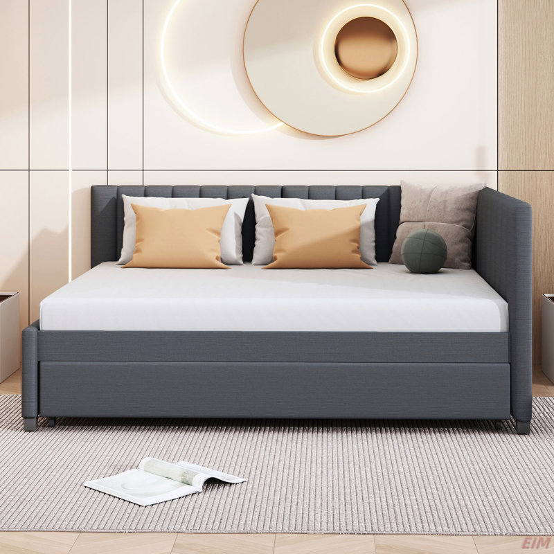 Lit de jour d'angle rembourré avec couchette, Gris, Lit double