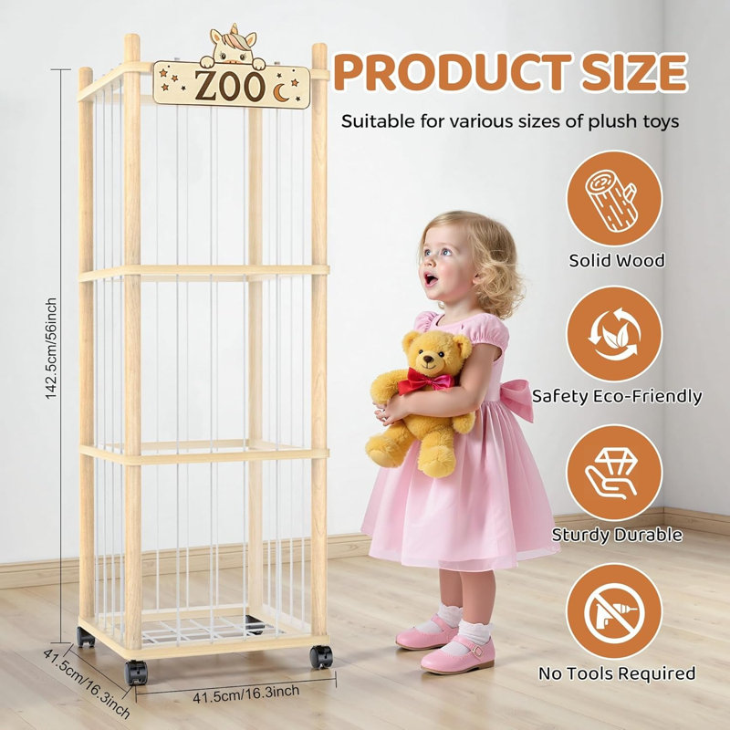 Rangement pour peluches - Zoo en bois épais pour salle de jeux et chambre, grand support pour peluches avec design de cage de prison, étagère tour d'exposition pour peluches (grand format), corbeilles à papier