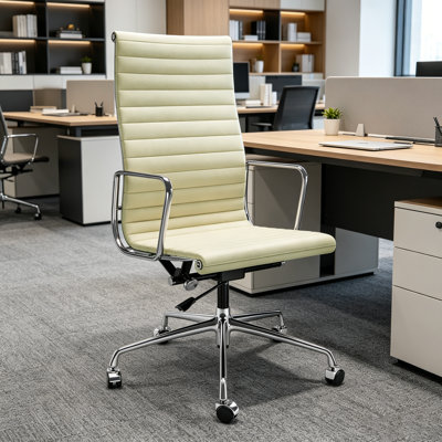 Genuine Leather Office Chair with Aluminum Frame and Base, Swivel Conference Room Chair