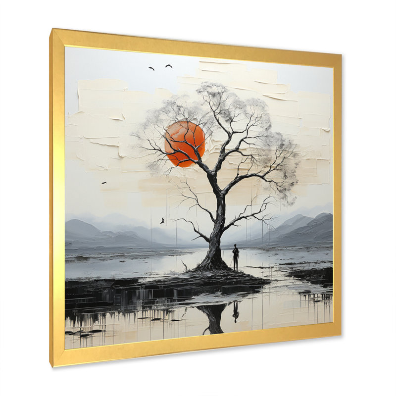«Grey Red Minimalisme Tree Solitude III», reproduction sur toile, H 30 po x l 30 po x P 1 po, Cadre doré à une seule photo