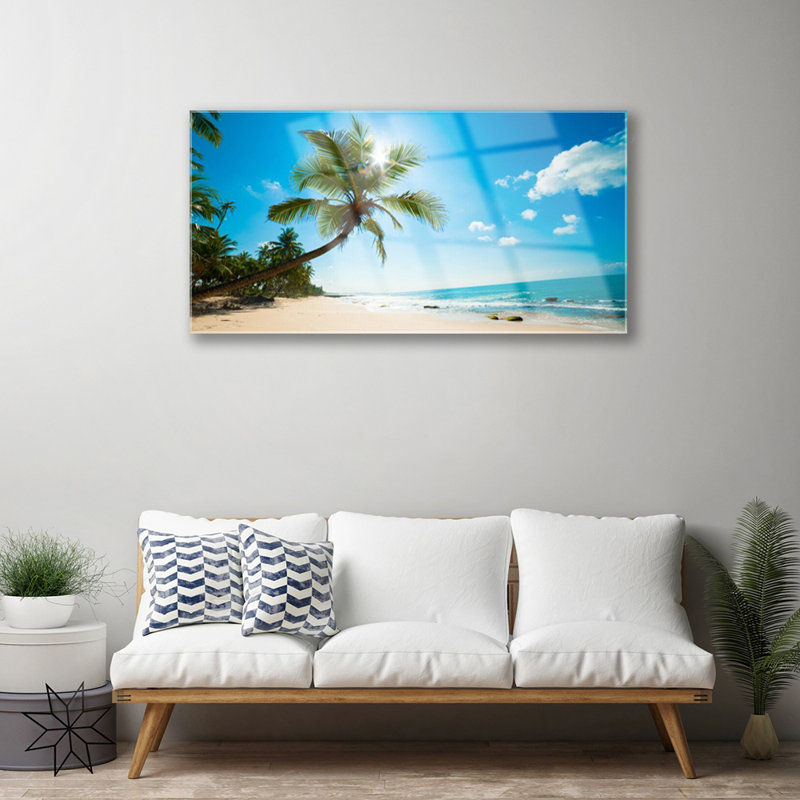 Glass Print Wall Art 100X50cm Image Printed On Glass Decorative Wall Picture Behind Toughened / Tempered Safety Real Glass For Kitchen & Living Room Theme: Palm Tree Beach Sea Landscape