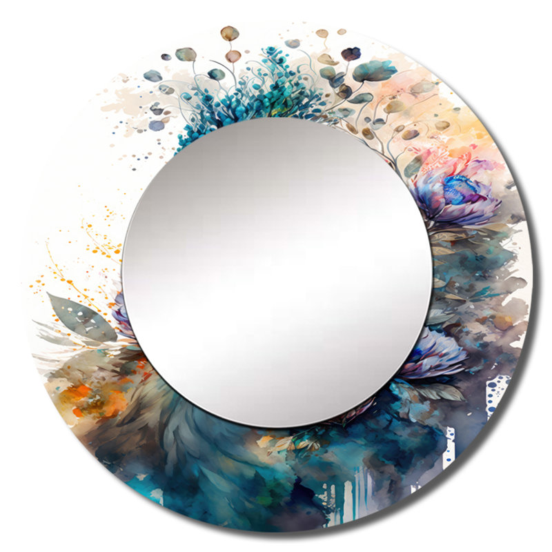 «Param Cute Peacock Floral Art II - Miroir paon, miroir mural rond unique moderne, impression sur métal, 36 po x 36 po