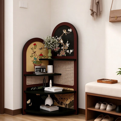 Étagère d'angle avec étagère de coin, étagère en bois à imprimé floral rétro avec accents en rotin et rangement à 4 niveaux, organisateur autoportant peu encombrant pour le salon, la chambre à coucher et le coin lecture