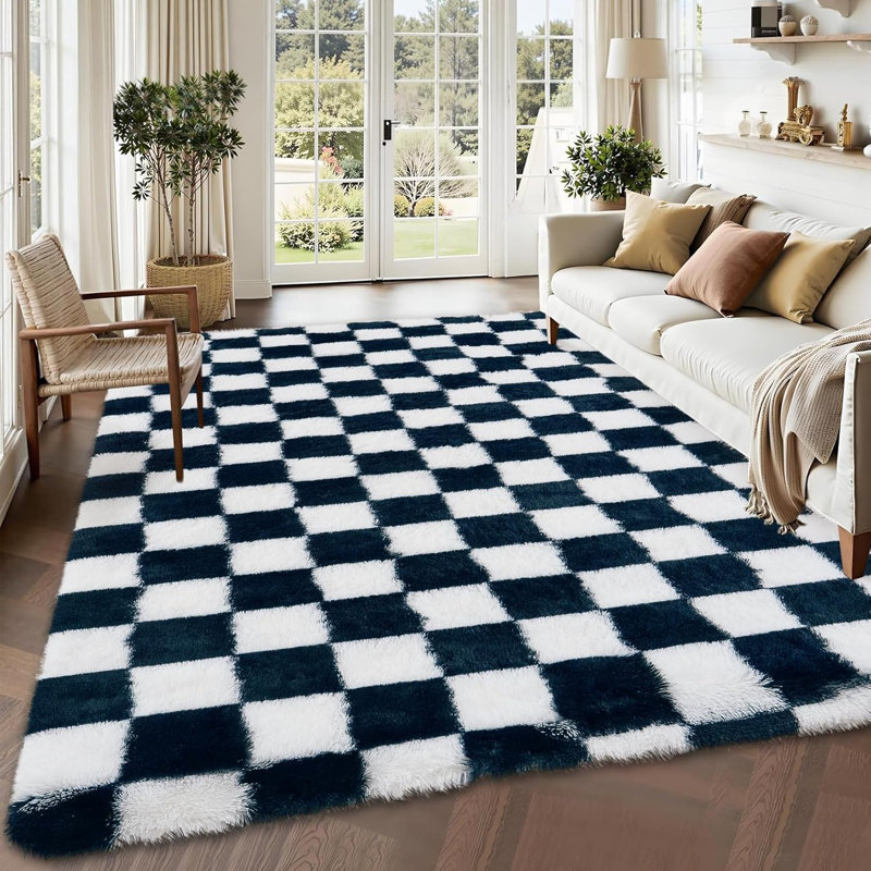 Rug - Machine Washable, Non-Slip, Stain-Resistant Checkerboard Plush Carpet for Hallways, Entryways, Bedrooms (Navy Blue)