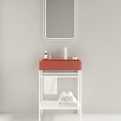 Lavabo de salle de bain en céramique 24 po, lavabo rectangulaire rouge brillant, autoportant, pieds en métal doré, tablettes de rangement, pas de robinet offert avec ouverture