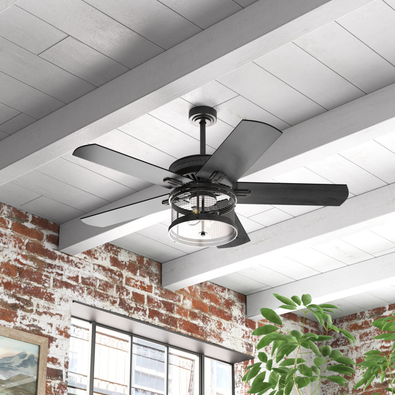 Ventilateur de plafond standard à 5 pales de 52 po avec télécommande et ensemble d'éclairage inclus Absolom, Noir mat