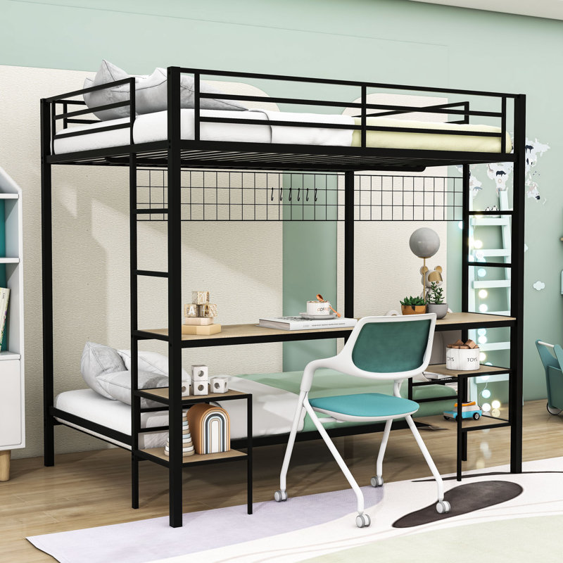 Full Over Twin Metal Bunk Bed With Desk And Charging Station And Shelves, Black/Nature Oak