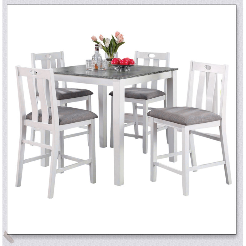 Ensemble de salle à manger 5 pièces à hauteur de comptoir en bois massif blanc avec coussins en tissu gris imitant le lin pour plus de confort et de style