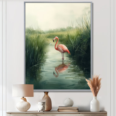 Clenney flamant rose dans le marais V - flamant rose, art mural