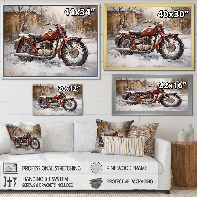 Vélo rouge rustique en hiver, H 24 po x l 32 po x P 1 po, Toile tendue