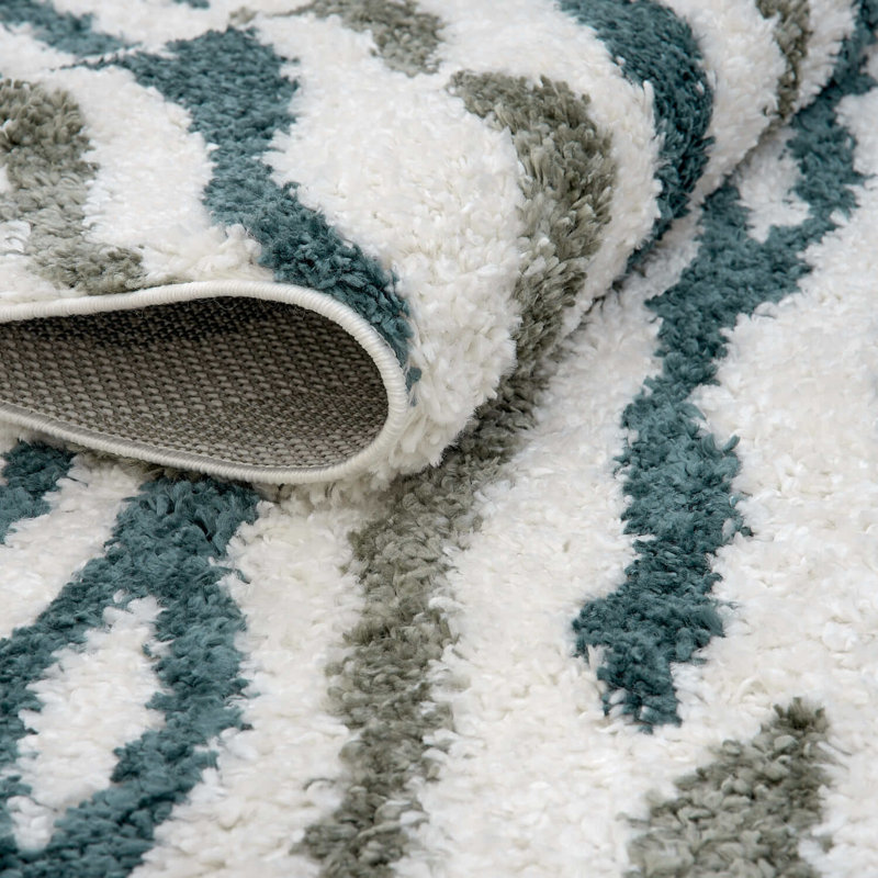 Moodi Modern Shaggy Area Rug Abstract Brushstroke Line Design, Round 120 cm, Off-White/Green