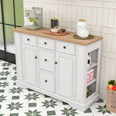 Farmhouse Sideboard Buffet Cabinet with 5 Drawers, 2 Cabinets, Adjustable Shelves and Built-In Outlet