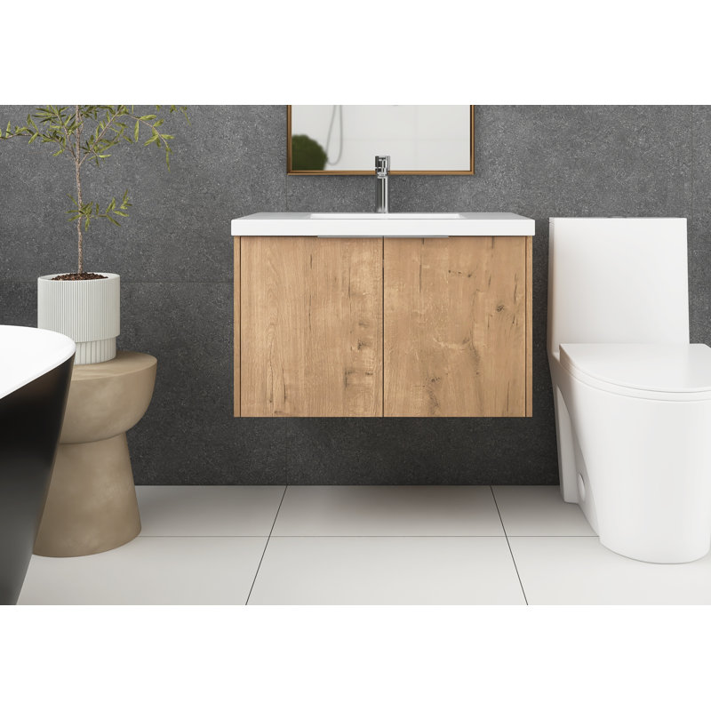30'' Wall Mounted Single Bathroom Vanity with Resin Top, Imitative Oak