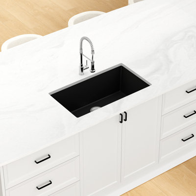 Évier de cuisine noir encastrable 30 po x 18 po | Évier à simple cuve en composite de quartz | Non poreux, résistant aux taches et facile à nettoyer | Comprend une crépine et un ensemble de fixation