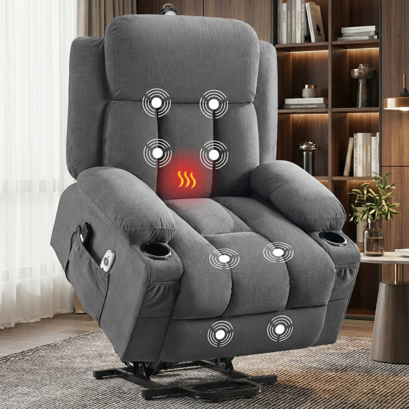 Super Soft Overstuffed Power Lift Recliner With Heat And Massage, Gray