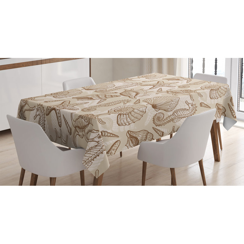 Ambesonne Beige Tablecloth, Exotic Marine Animals In Retro Style Illustration Shells Starfish Seahorse Contemporary, Rectangular Table Cover For Dining Room Kitchen Decor, 52" X 70", Beige