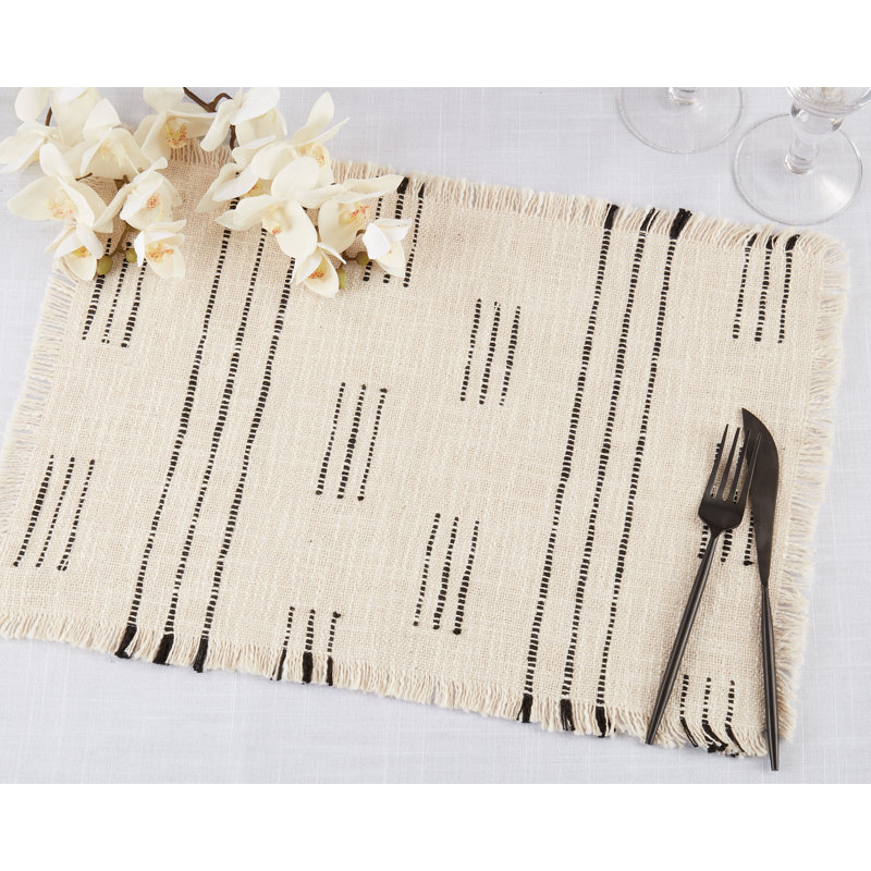 Ivory Dash Line Fabric Oblong Table Placemats, 23" x 19" Set of 4