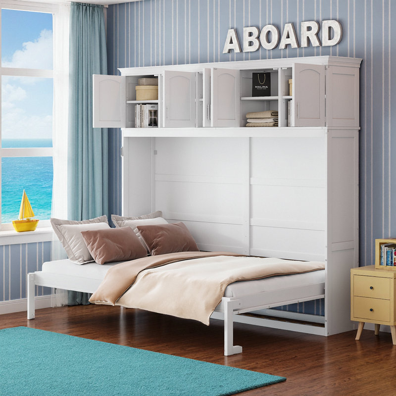 Grand lit escamotable mural avec armoires supérieures, Grand lit, Blanc